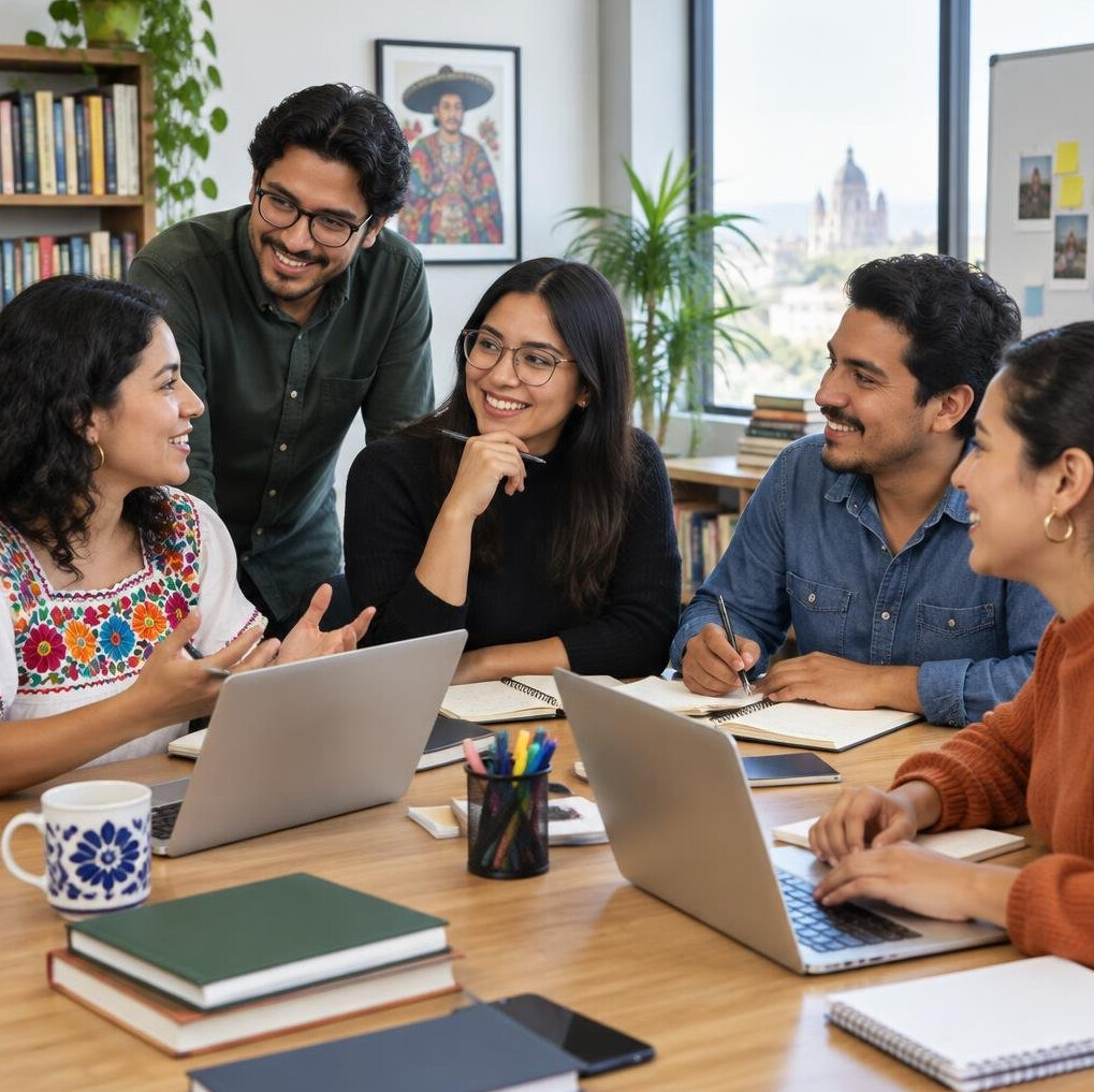 Team of people collaborating around a table