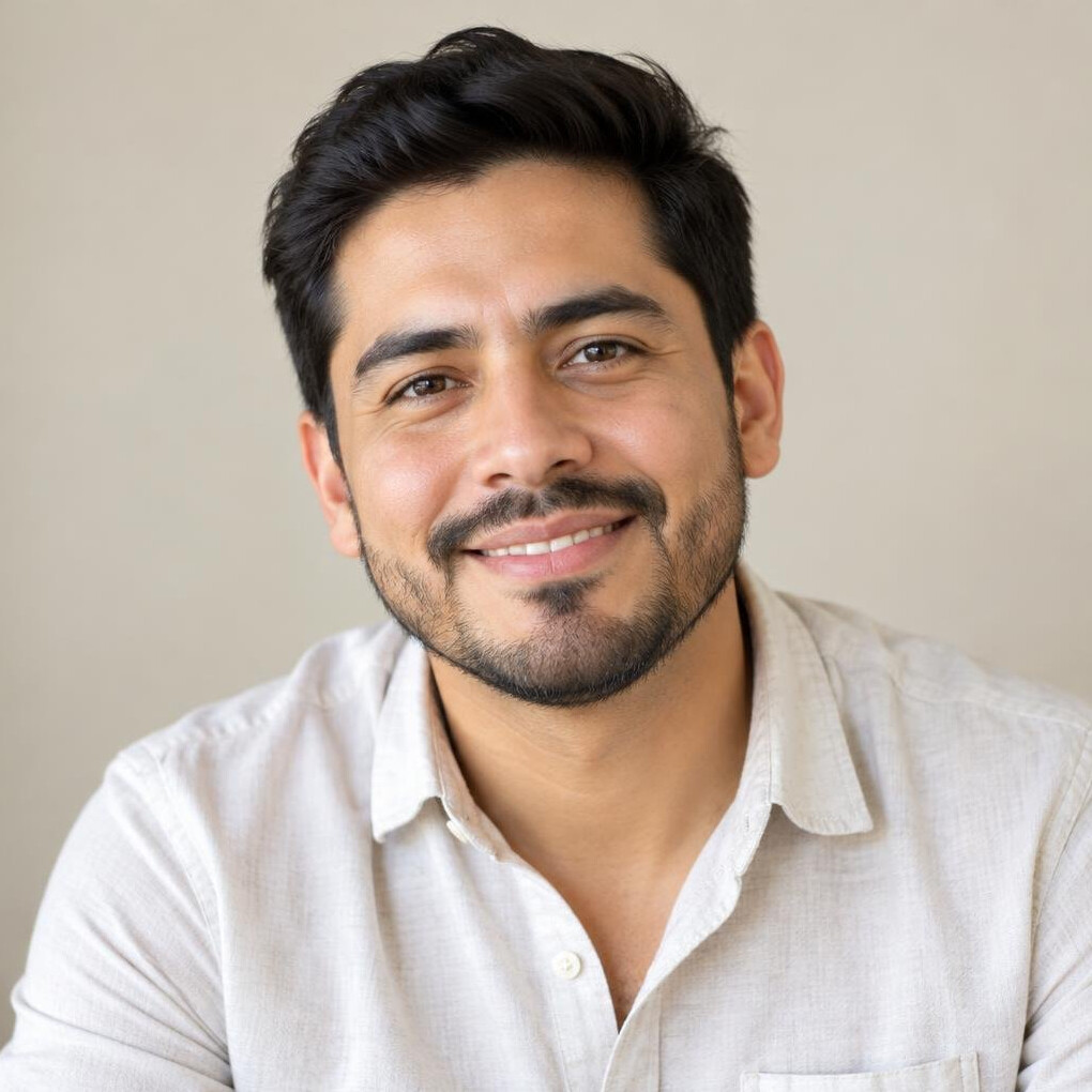 Portrait of a smiling Latino man with a short beard