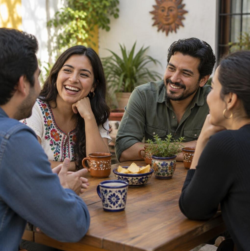Group of friends having a conversation around a table