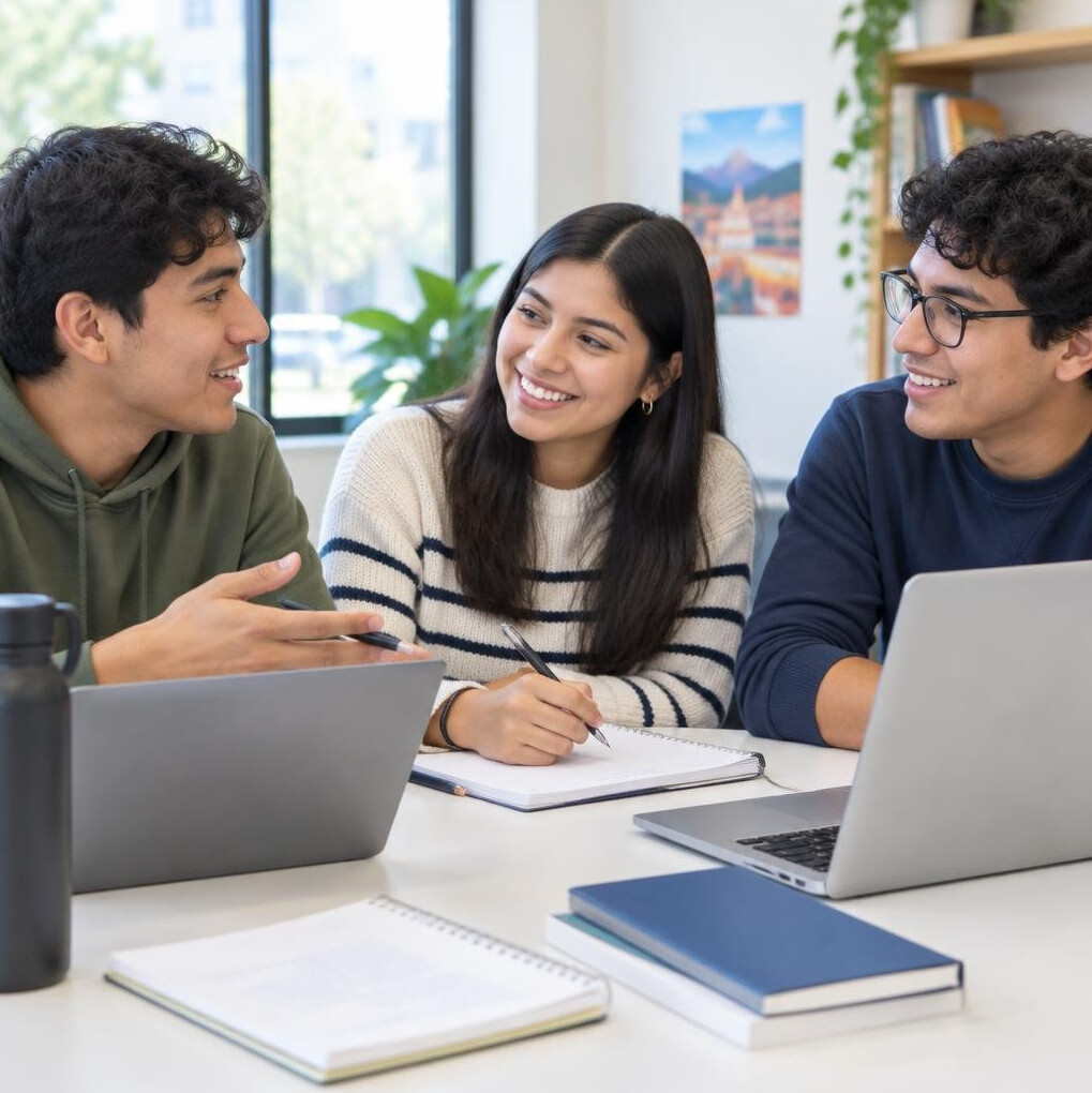 Young people studying together with laptops