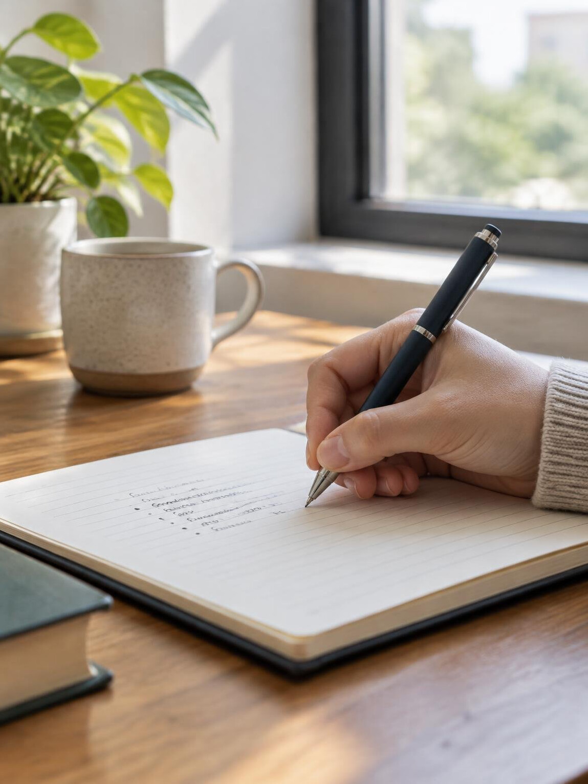 Hand writing notes in a notebook on a wooden desk